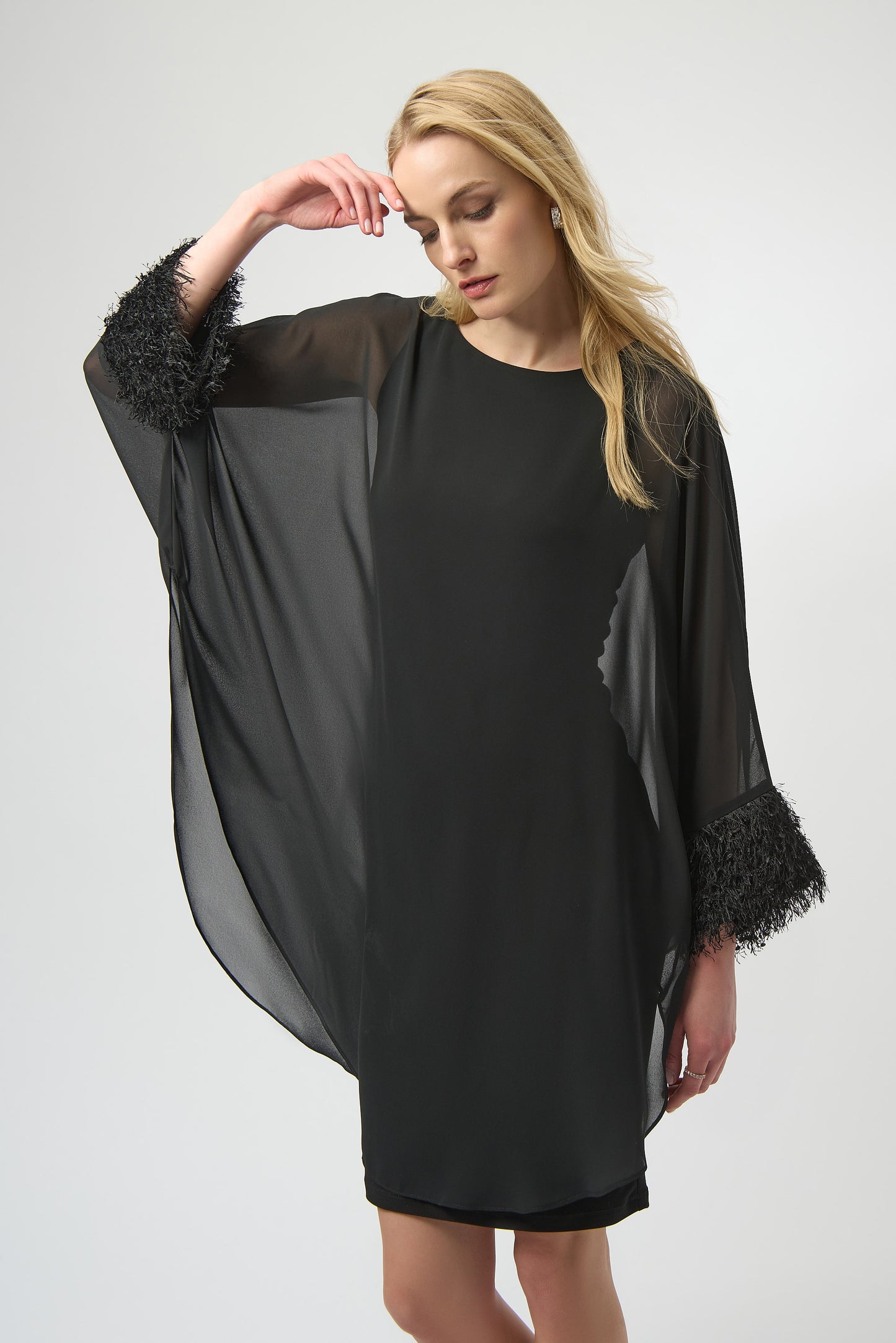 Silky Knit & Chiffon Layered Dress with Fringe Detail