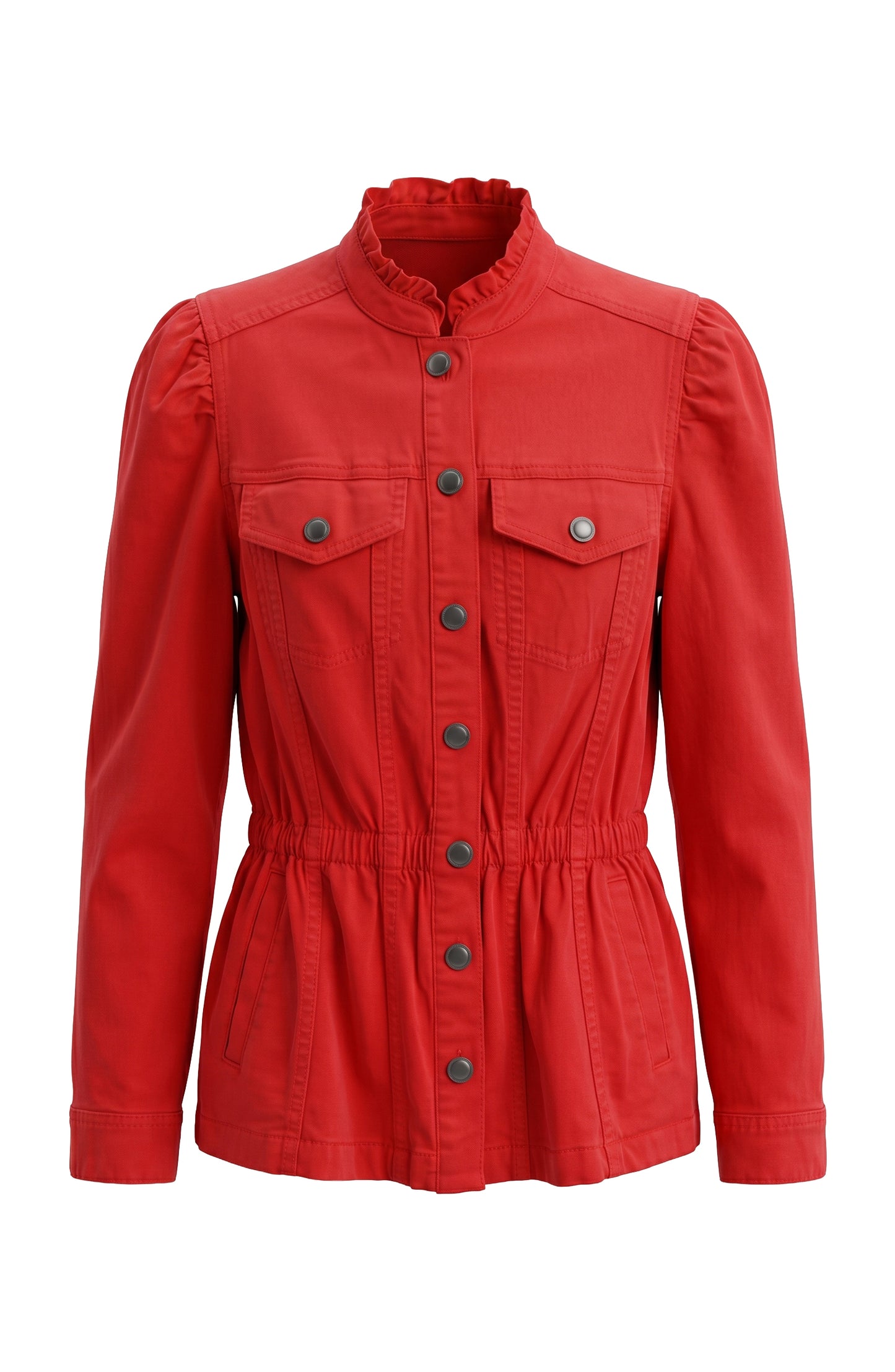 Puff Sleeve Trucker Jacket With Ruffle Collar