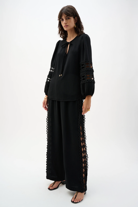 Gauze Wide Leg Pull-On Pants With Guipure Trim
