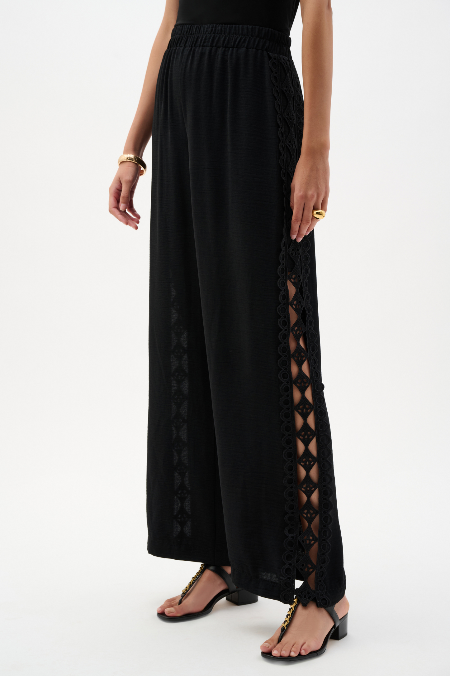 Gauze Wide Leg Pull-On Pants With Guipure Trim
