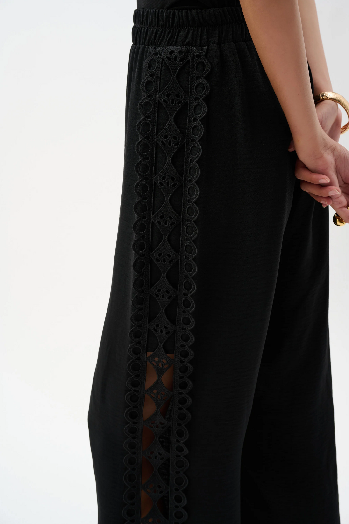 Gauze Wide Leg Pull-On Pants With Guipure Trim