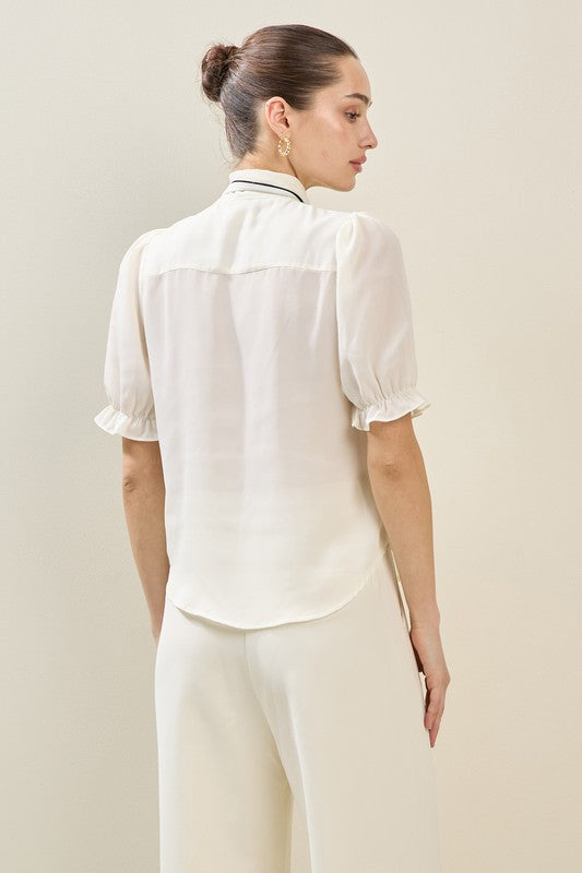 Contrast Trim Bow Tie Blouse