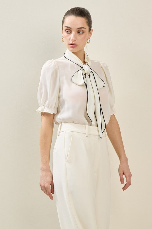 Contrast Trim Bow Tie Blouse