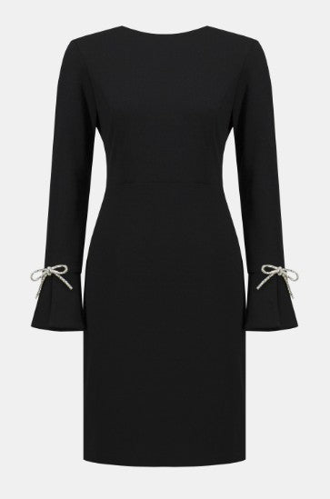 Scuba Crepe Shift Dress With Rhinestone Bows