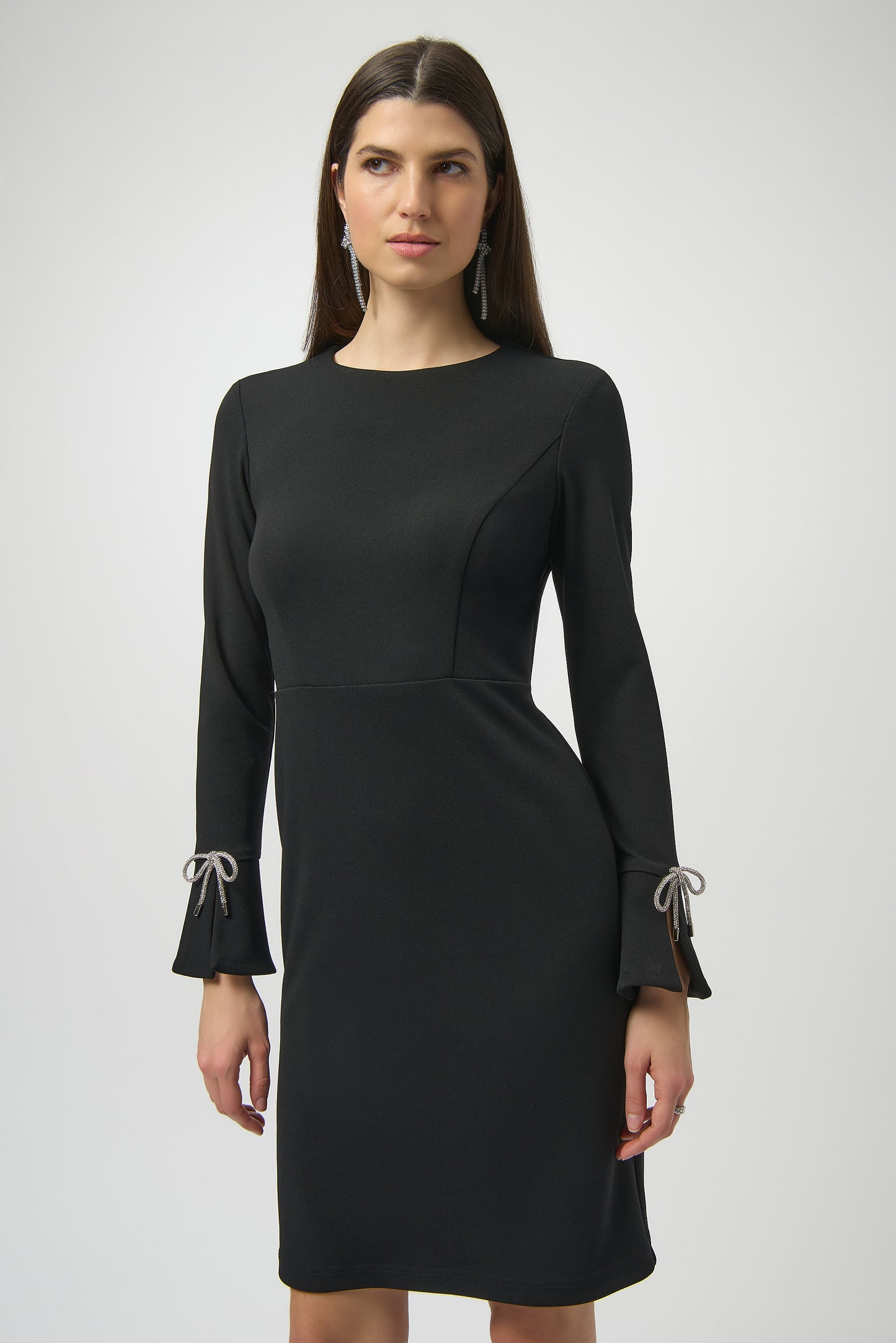 Scuba Crepe Shift Dress With Rhinestone Bows