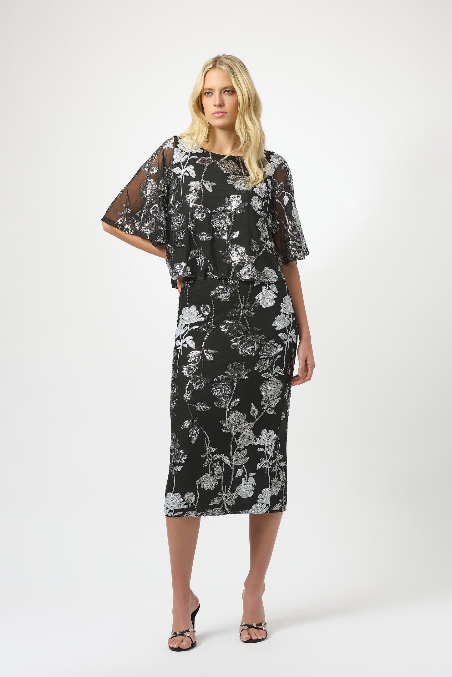 Sequin Embroidered Floral Print Boxy Top