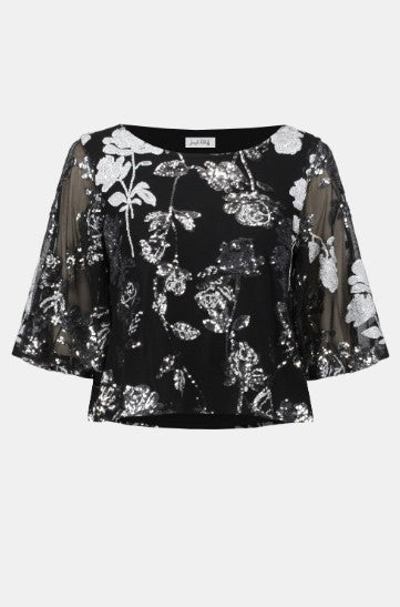 Sequin Embroidered Floral Print Boxy Top