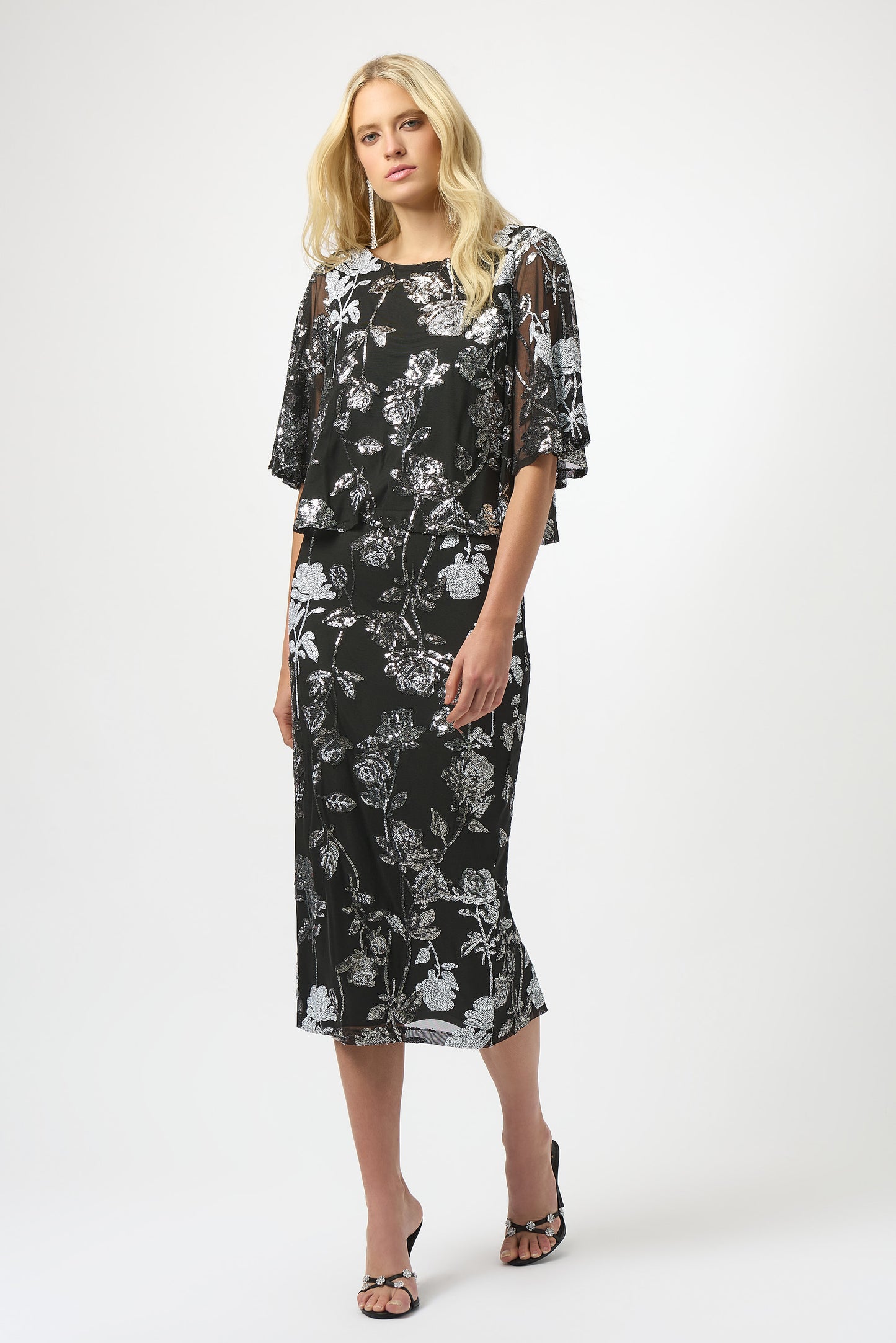 Sequin Embroidered Floral Print Pencil Skirt