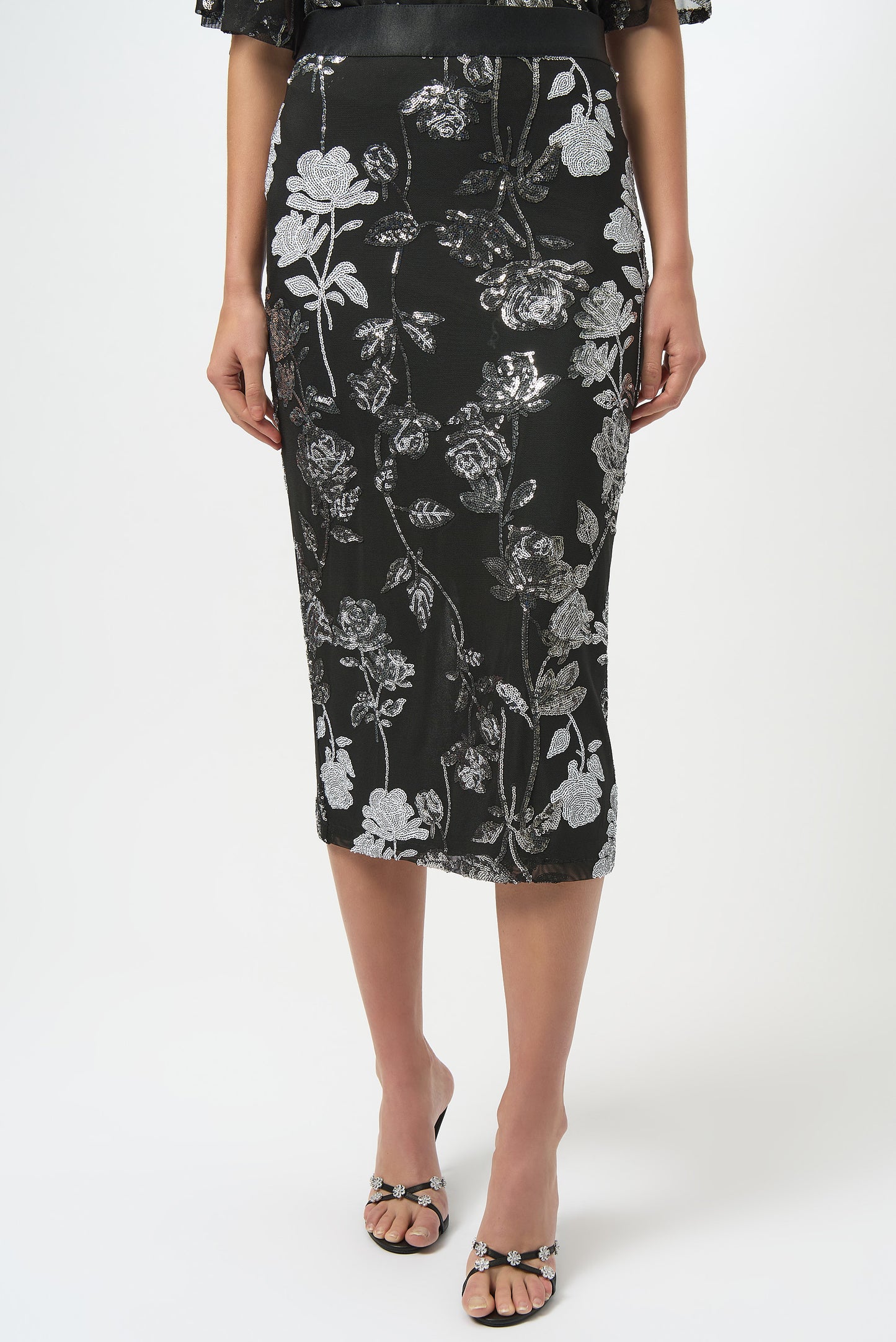 Sequin Embroidered Floral Print Pencil Skirt