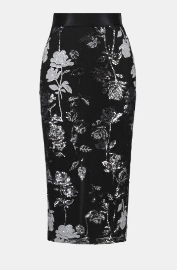 Sequin Embroidered Floral Print Pencil Skirt