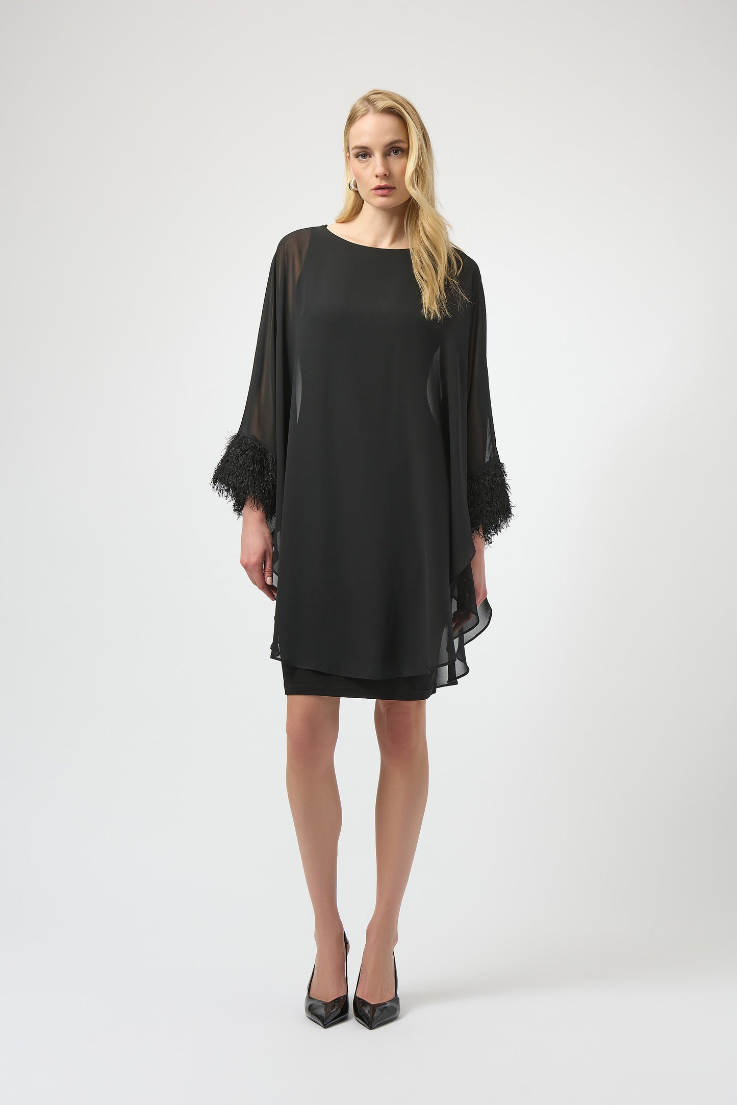 Silky Knit & Chiffon Layered Dress with Fringe Detail