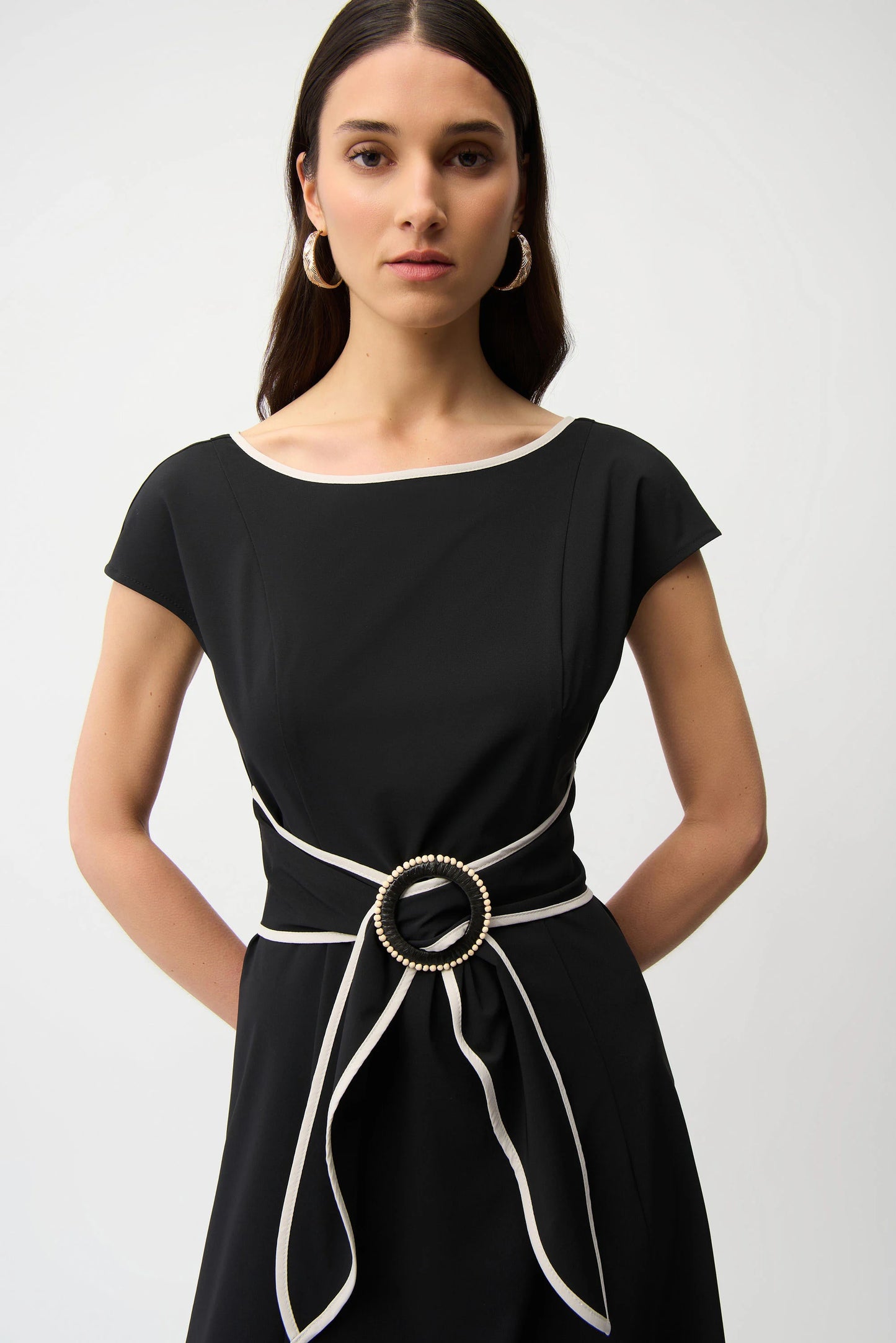 Stretch Woven Color Block Fit and Flare Dress With Sash