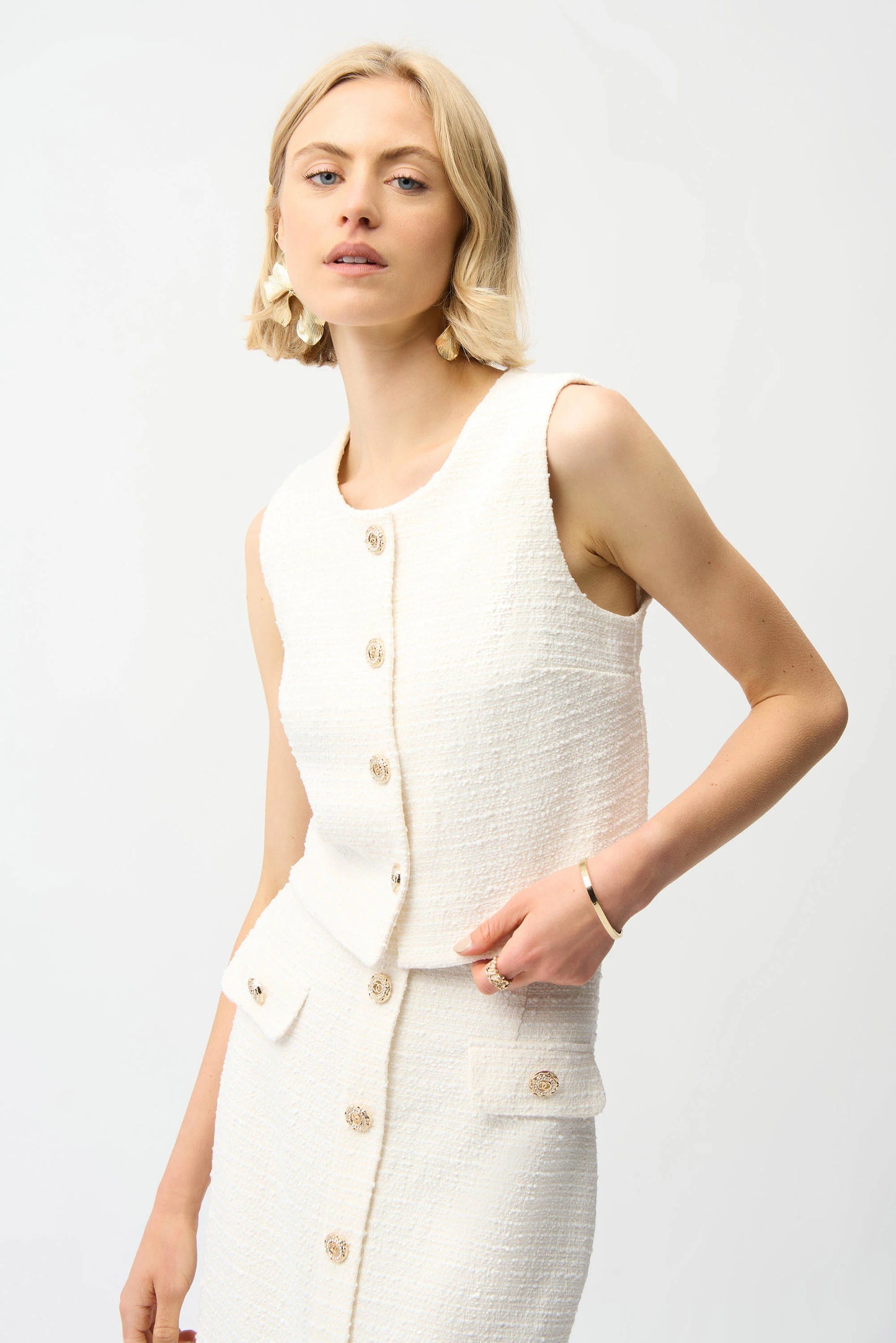 Bouclé Sleeveless Vest With Gold Buttons