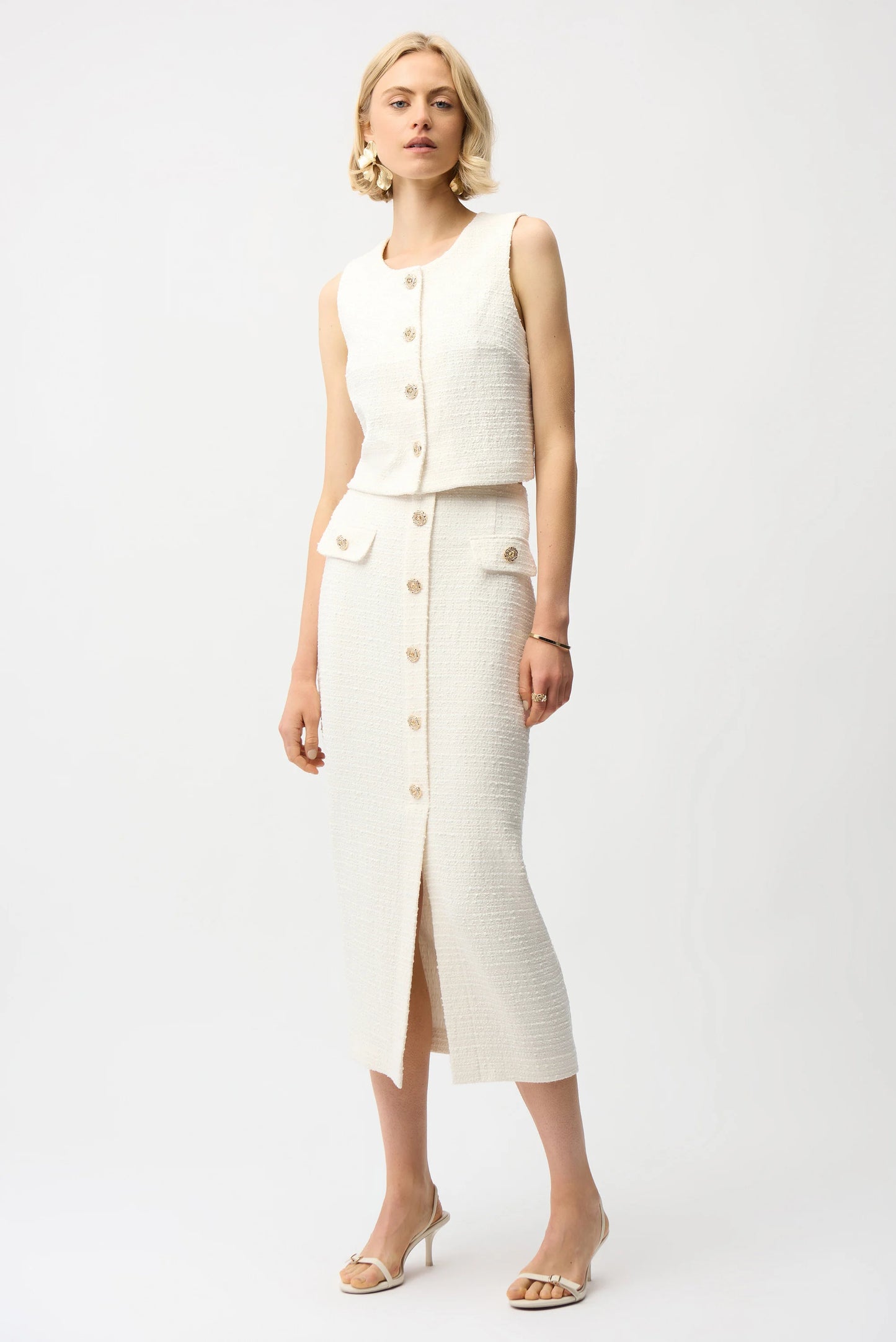 Bouclé Pencil Skirt With Gold Buttons