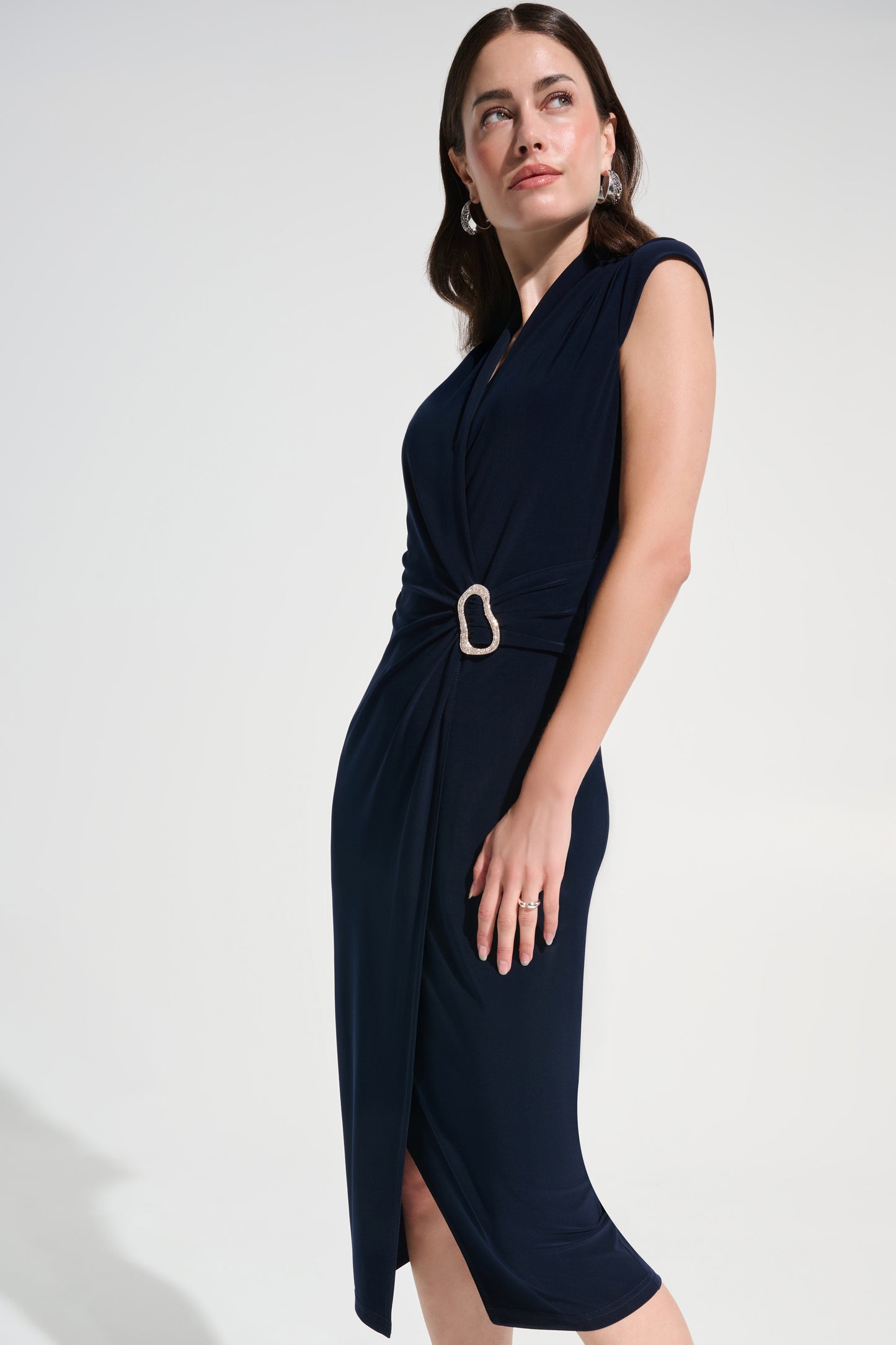 Signature Silky Knit Wrap Sheath Dress With Rhinestone Detail