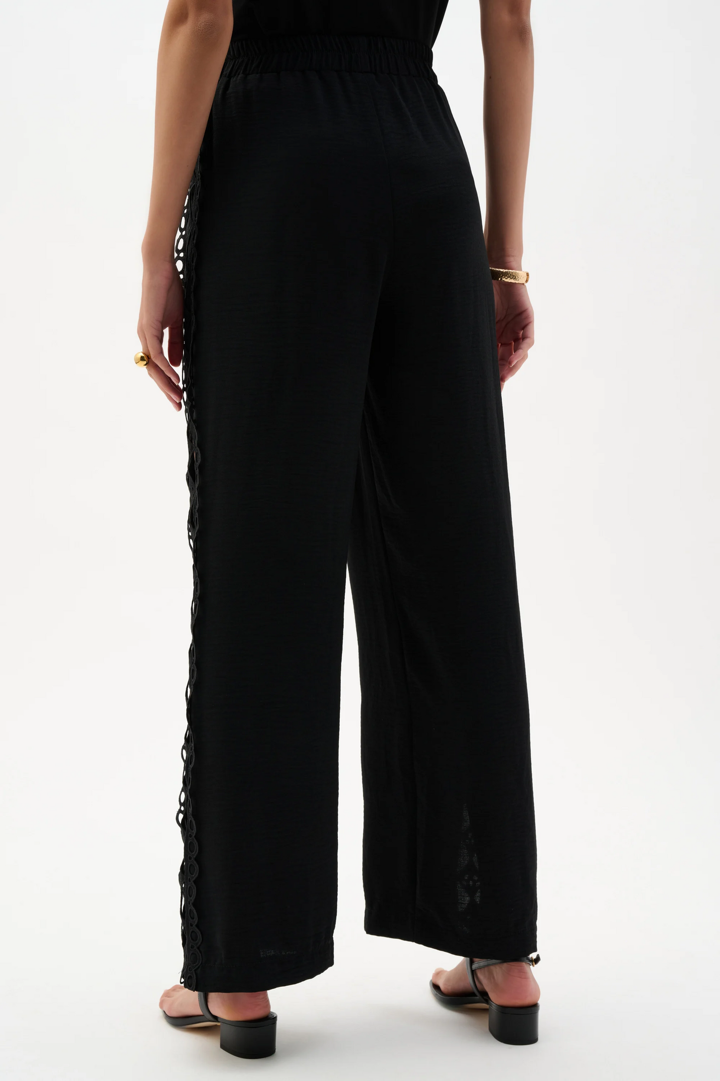 Gauze Wide Leg Pull-On Pants With Guipure Trim