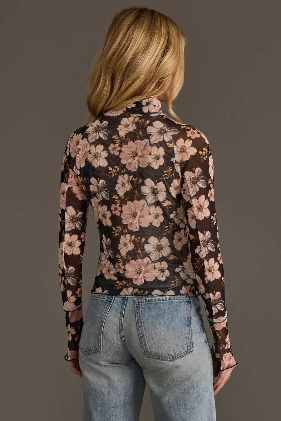 Black & Light Pink Floral Mesh Top
