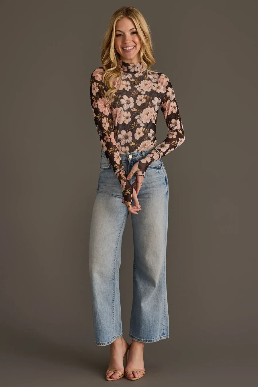 Black & Light Pink Floral Mesh Top