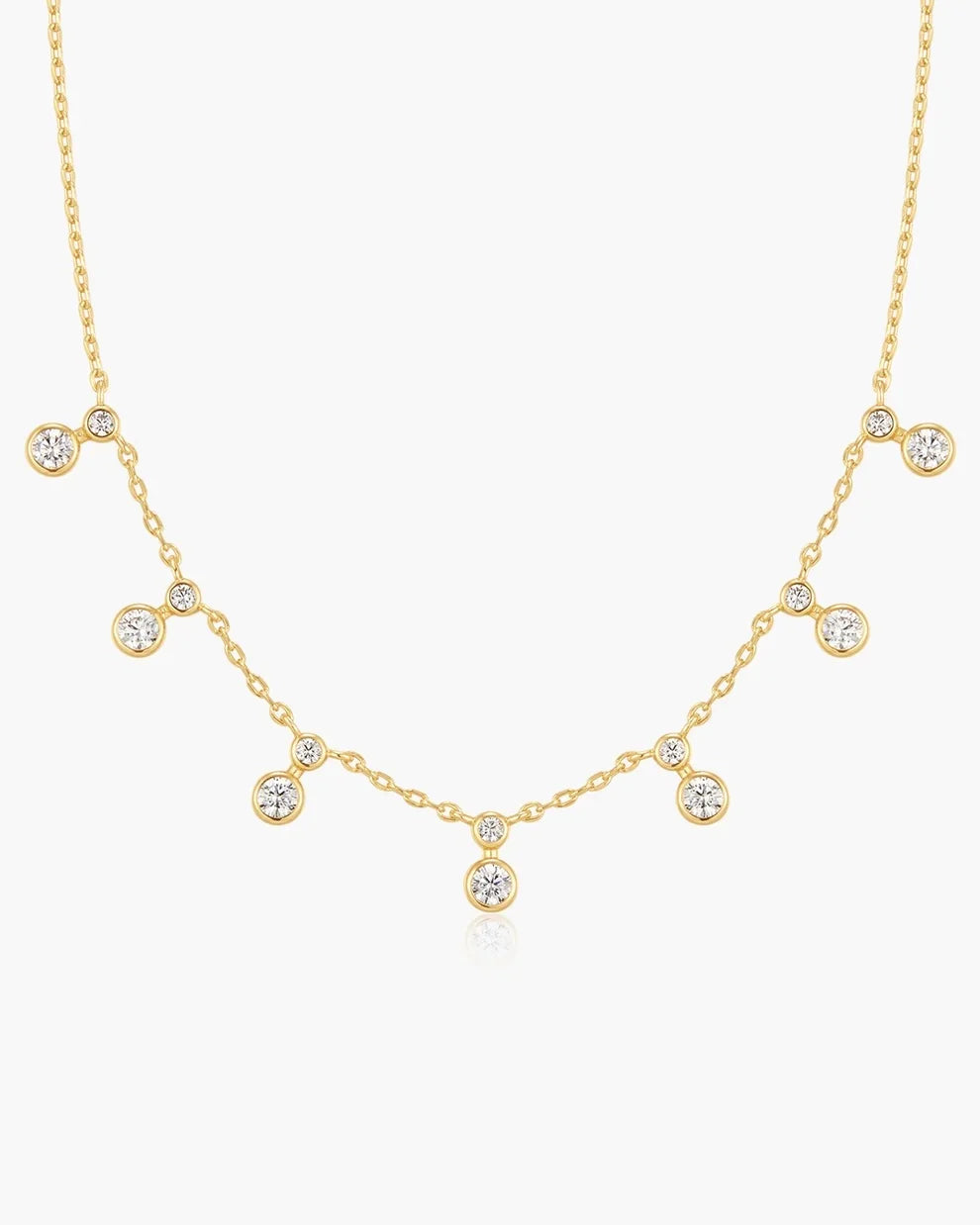 Gold Plated Graduated Bezel Round Drop Station Necklace