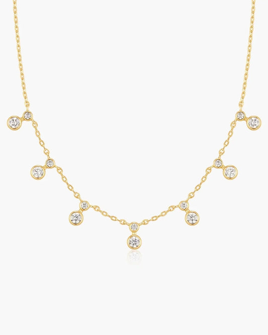 Gold Plated Graduated Bezel Round Drop Station Necklace
