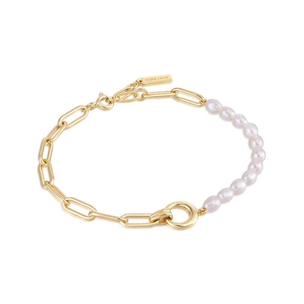 Gold Plated Pearl Chunky Link Chain Bracelet