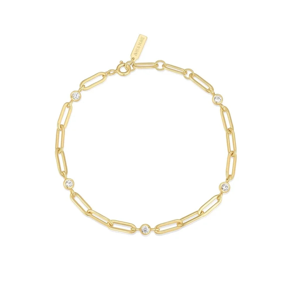 Gold Plated Bezel Station Paper Clip Chain Bracelet
