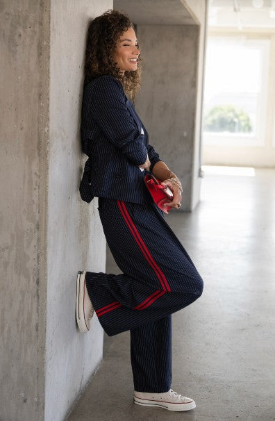 Wide Leg Pleated Trouser Midnight Blue w/ Stripe