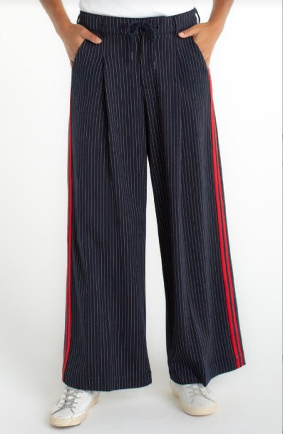 Wide Leg Pleated Trouser Midnight Blue w/ Stripe
