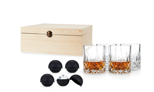 8 Piece Crystal Liquor Glass & Ice Sphere Wood Box Set