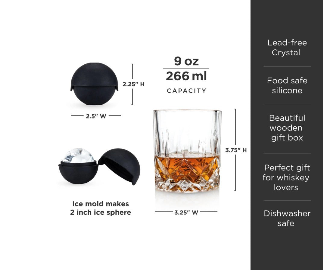 8 Piece Crystal Liquor Glass & Ice Sphere Wood Box Set