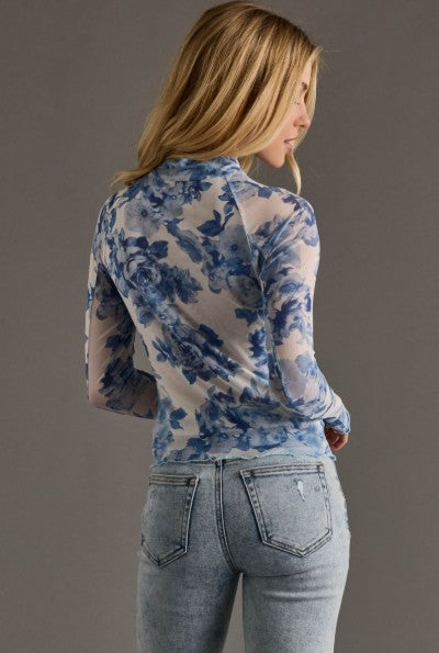 Blue & White Floral Mesh top