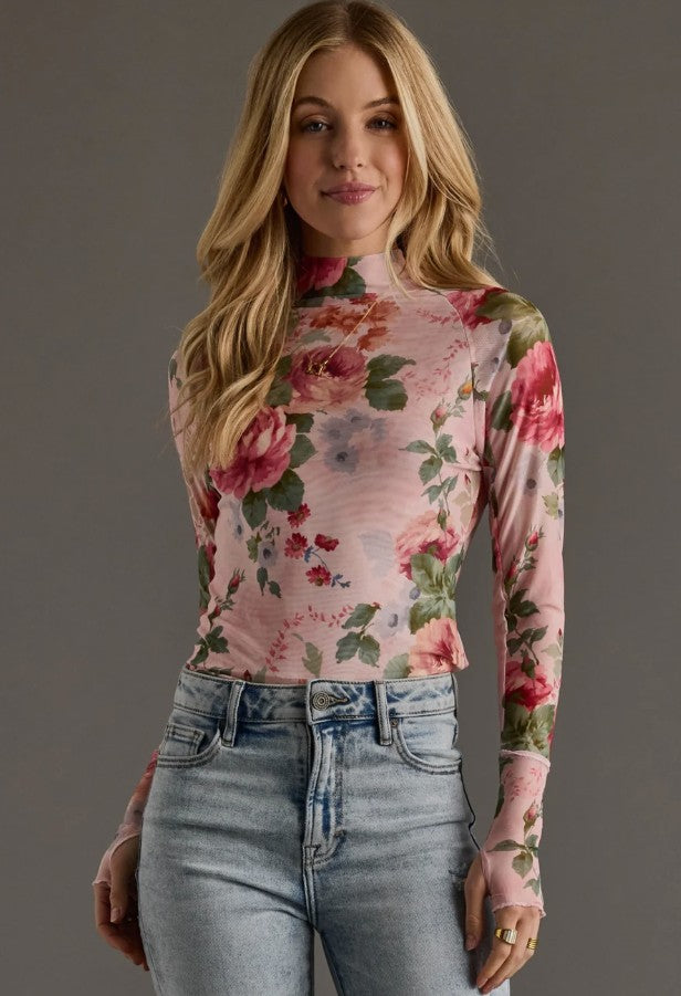 Pink & Green Floral Mesh Top
