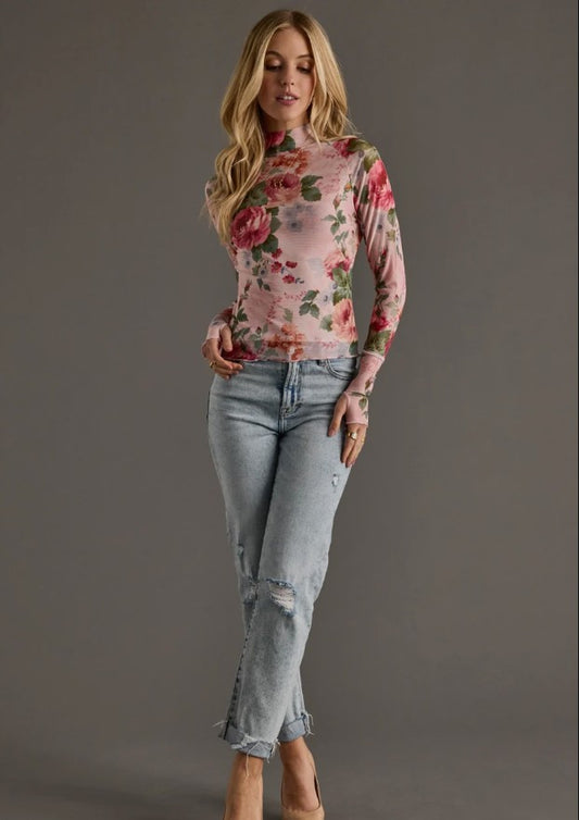Pink & Green Floral Mesh Top