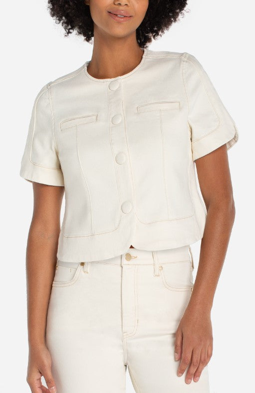 Collarless Short Sleeve Cropped Jacket