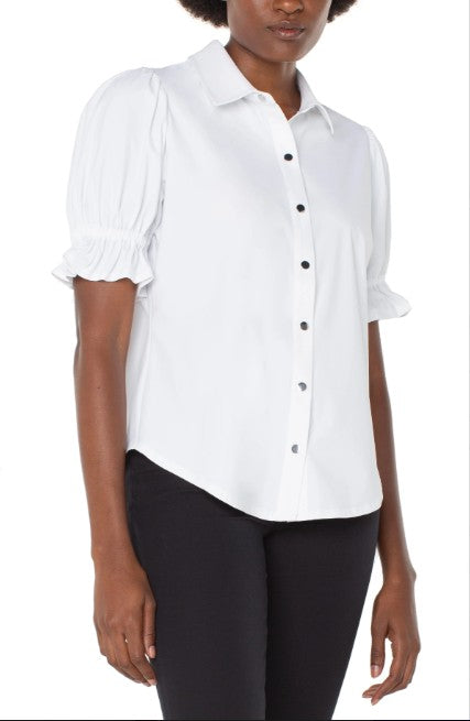 Elbow Puff Sleeve Snap Front Knit Shirt