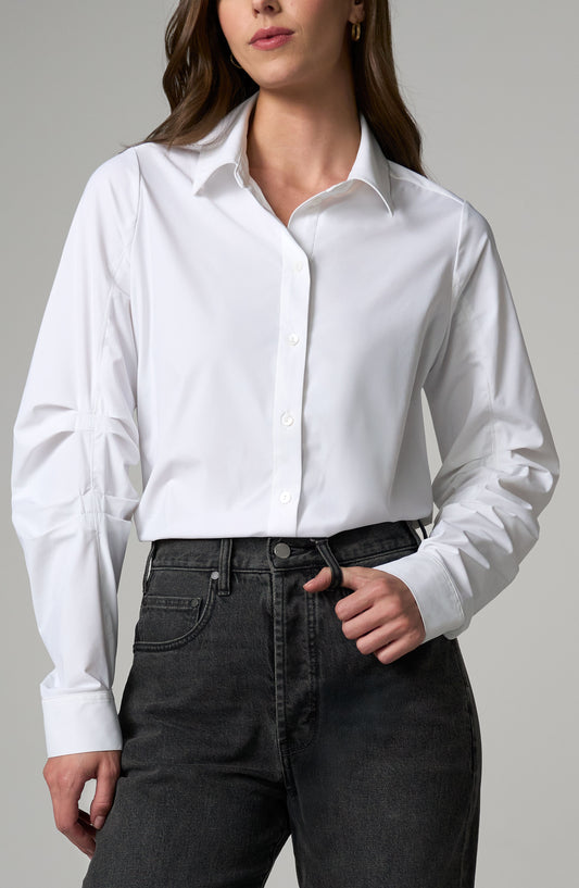 Long Pleated Sleeve Button Front Knit Shirt