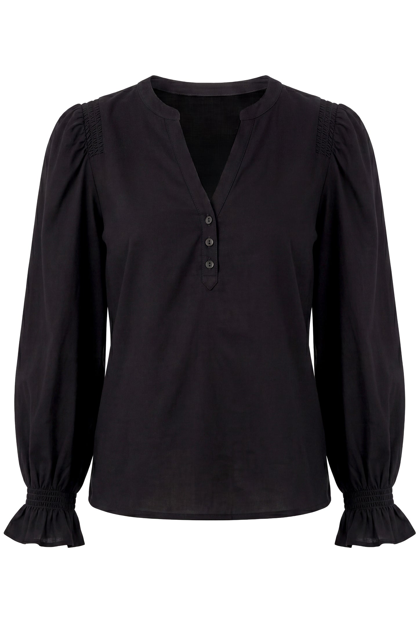 3/4 Sleeve Knit-To-Woven Top With Smocking