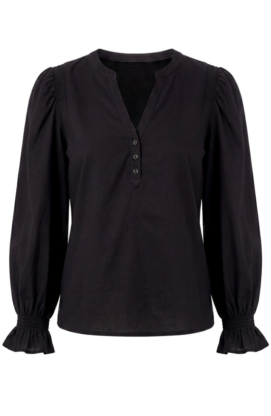 3/4 Sleeve Knit-To-Woven Top With Smocking