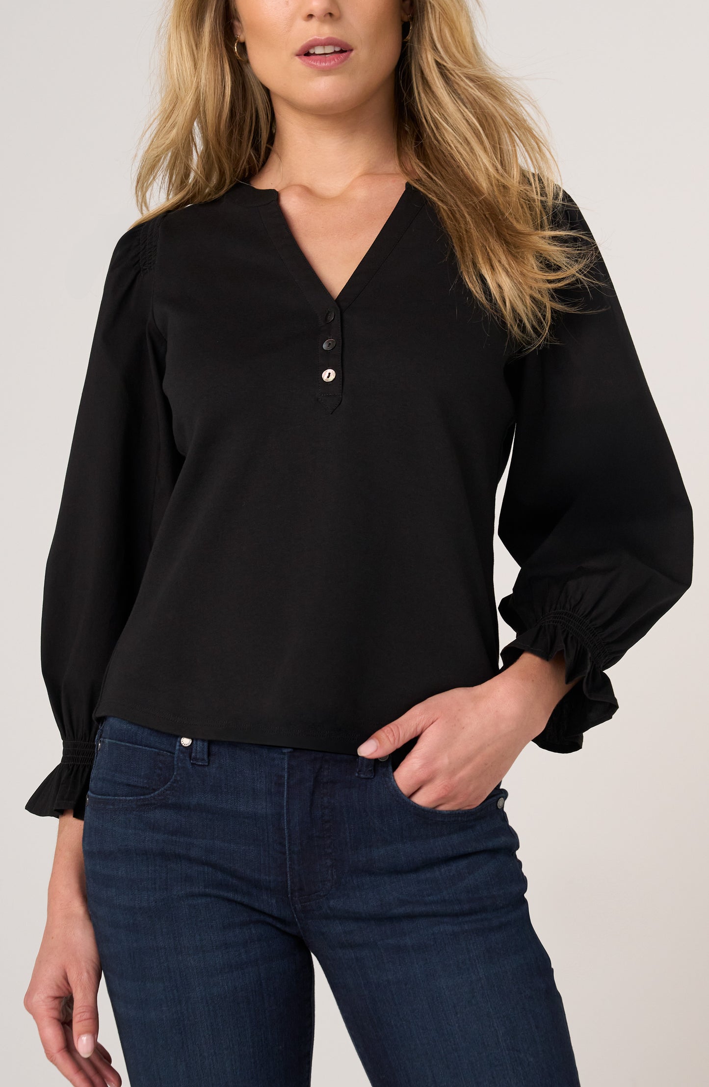 3/4 Sleeve Knit-To-Woven Top With Smocking
