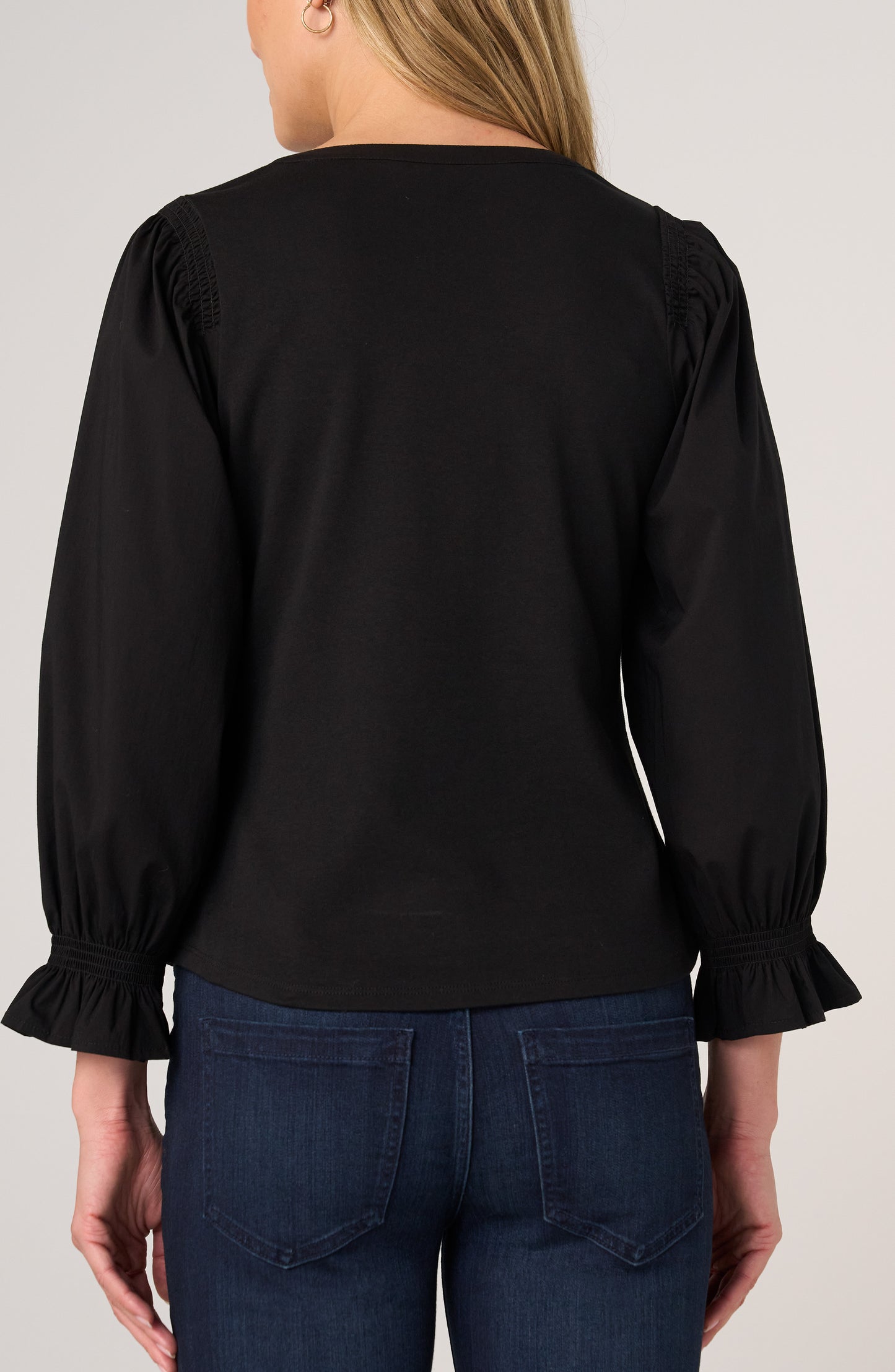 3/4 Sleeve Knit-To-Woven Top With Smocking